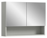 Spiegelschrank mit zwei Türen und offenem Fach, seitliche Perspektive