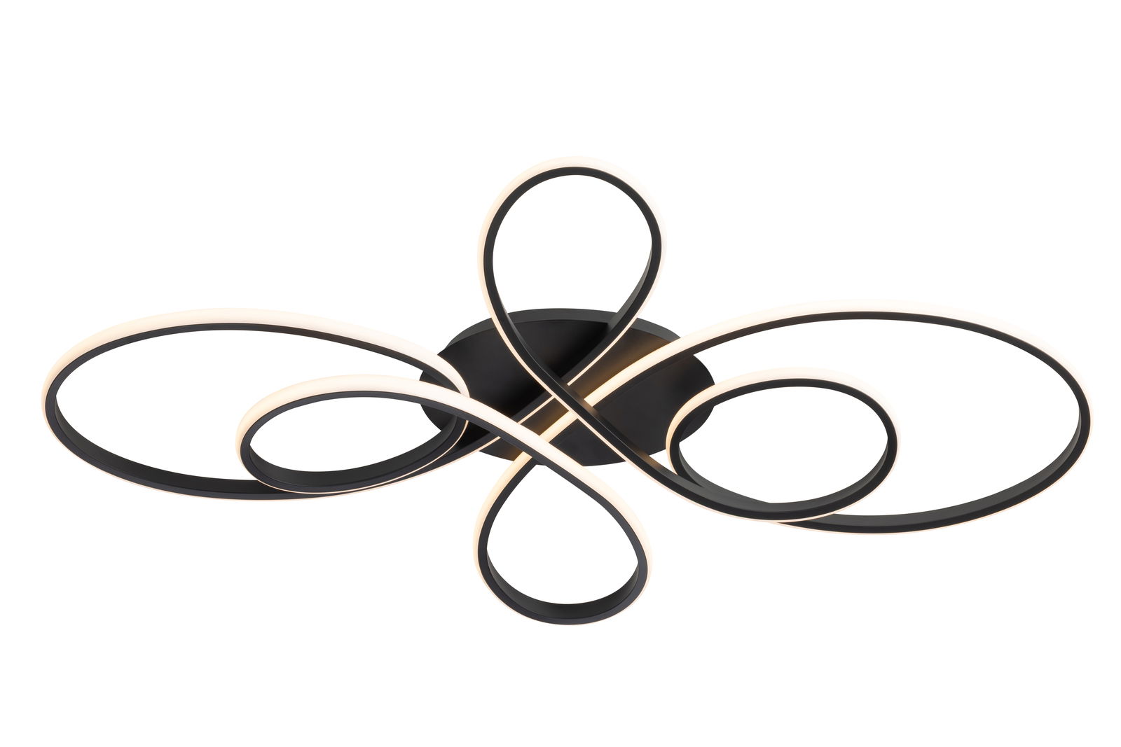 Moderne LED-Deckenleuchte mit geschwungenem Design, seitliche Perspektive