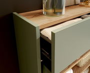 Nahaufnahme eines Hängeschuhschranks mit geöffneter Schublade, Holzoberfläche und grüner Front.