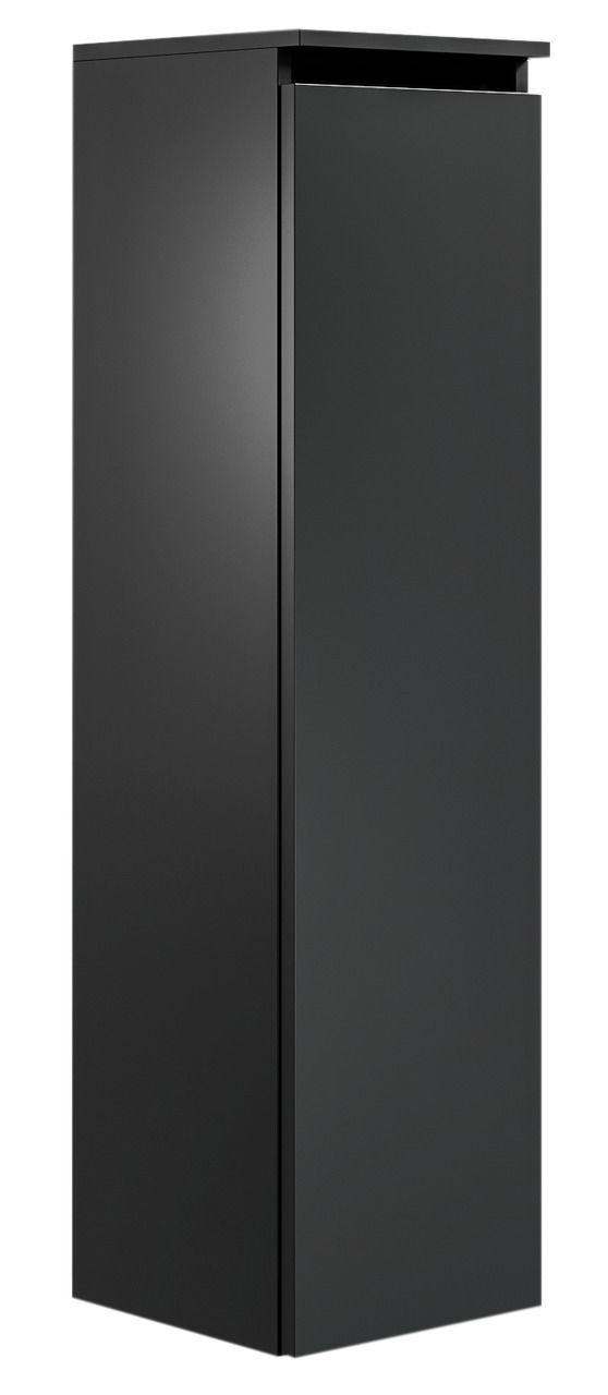 Schwarzer, moderner Badezimmerschrank in seitlicher Perspektive