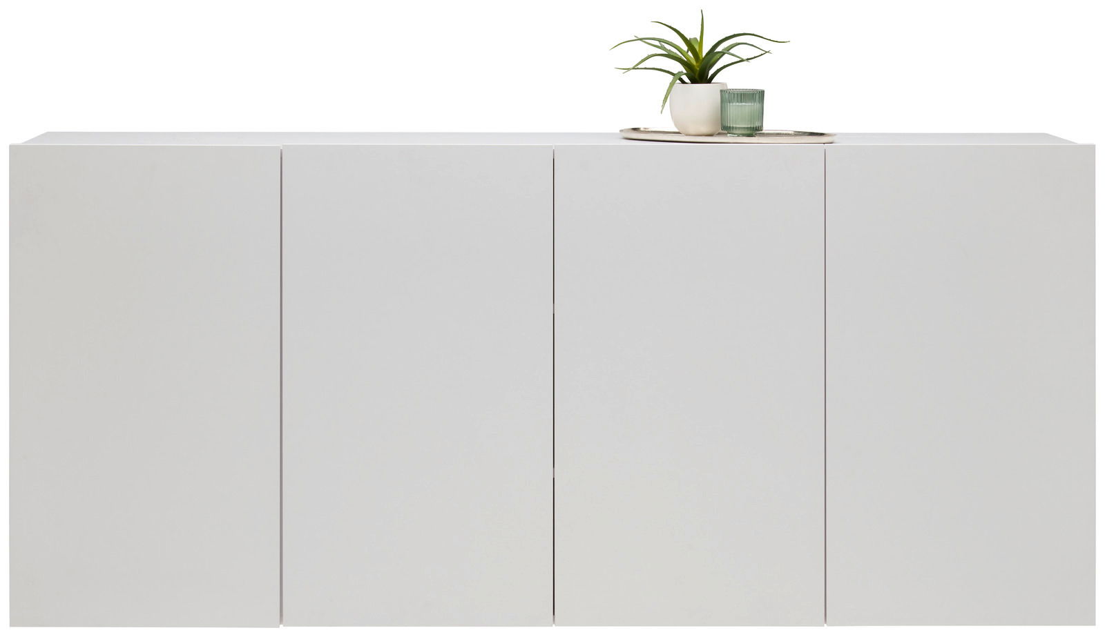 Modernes weißes Hängesideboard mit vier Türen, darauf eine Pflanze und ein Glas, frontale Ansicht.