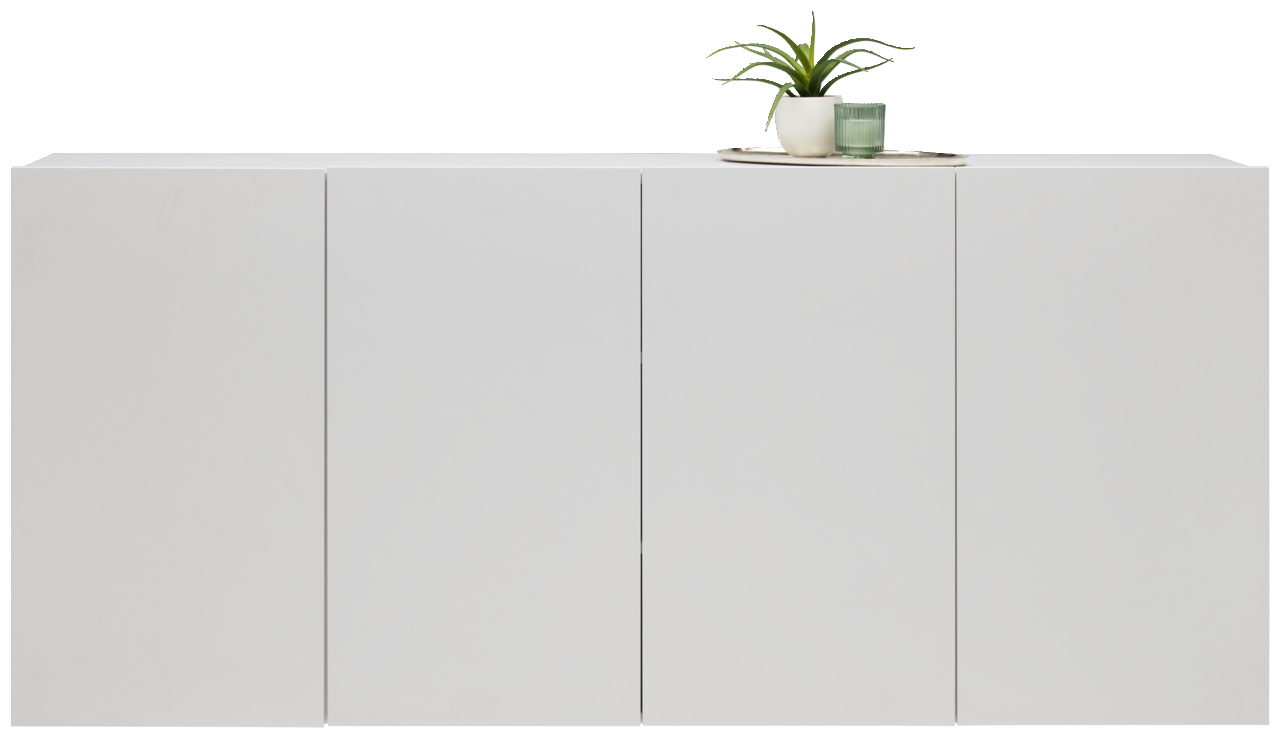 Modernes weißes Hängesideboard mit vier Türen, darauf eine Pflanze und ein Glas, frontale Ansicht.