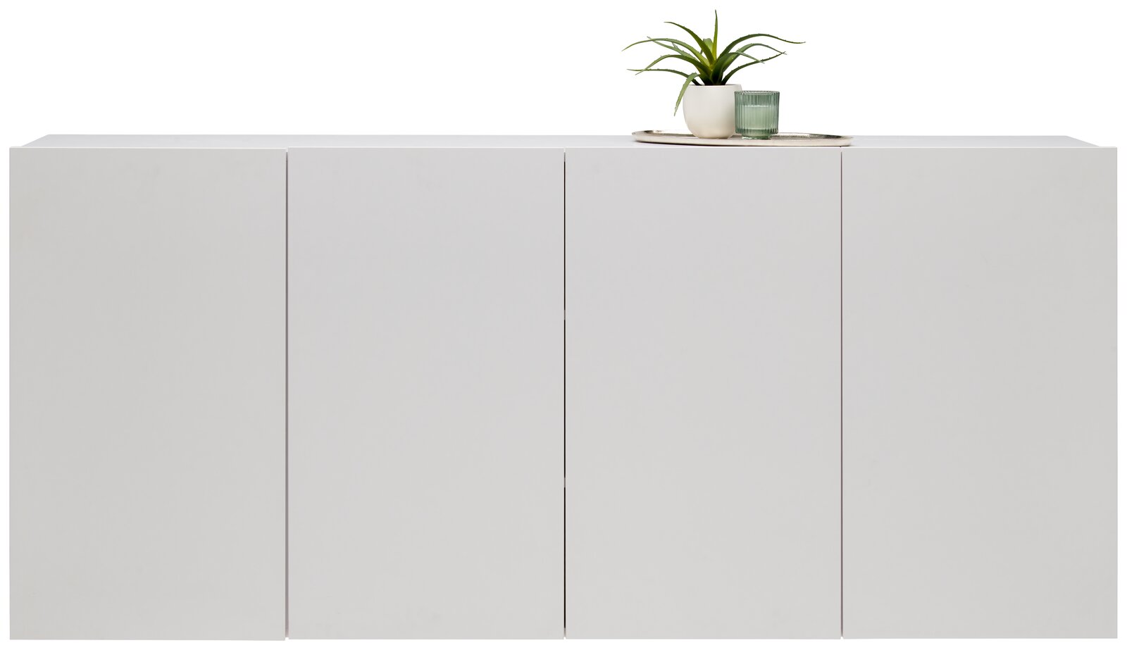 Modernes weißes Hängesideboard mit vier Türen, darauf eine Pflanze und ein Glas, frontale Ansicht.