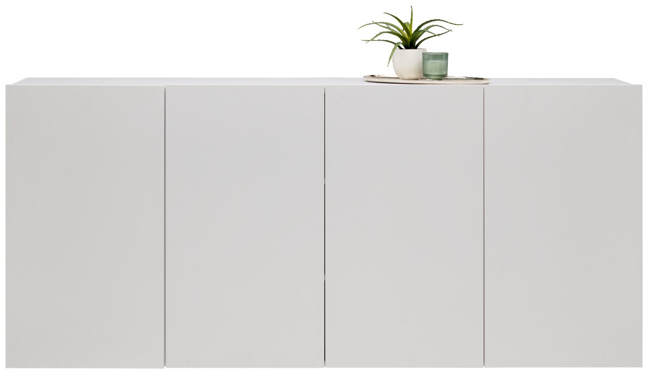 Modernes weißes Hängesideboard mit vier Türen, darauf eine Pflanze und ein Glas, frontale Ansicht.