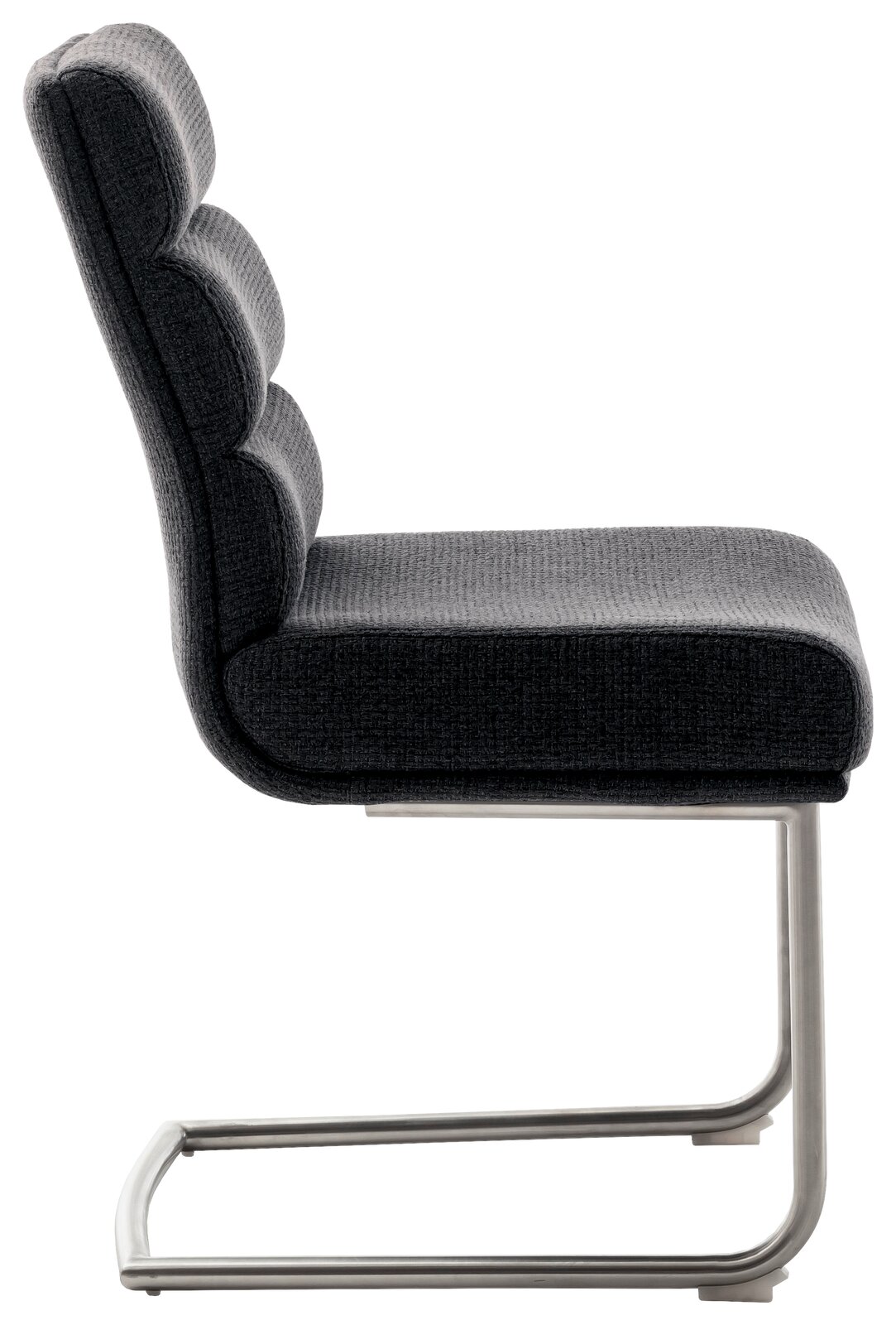 Dieter Knoll Freischwinger-Stuhl LEXINGTON Seitenansicht eines modernen Freischwinger-Stuhls mit grauem Polster und Metallgestell.