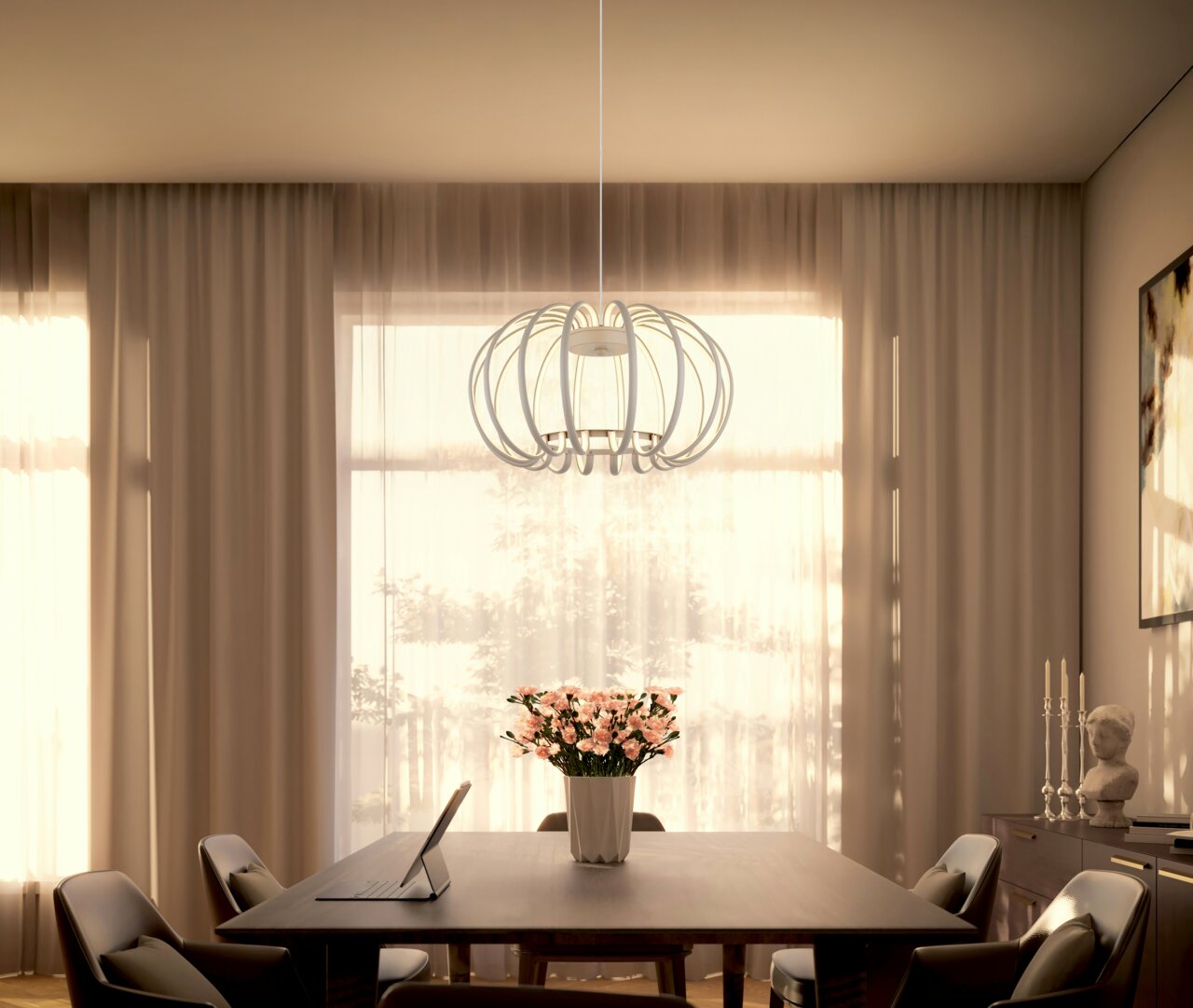 Globo Lighting LED-Hängeleuchte RIBBON Moderne LED-Hängeleuchte in einem stilvollen Esszimmer, von vorne betrachtet.