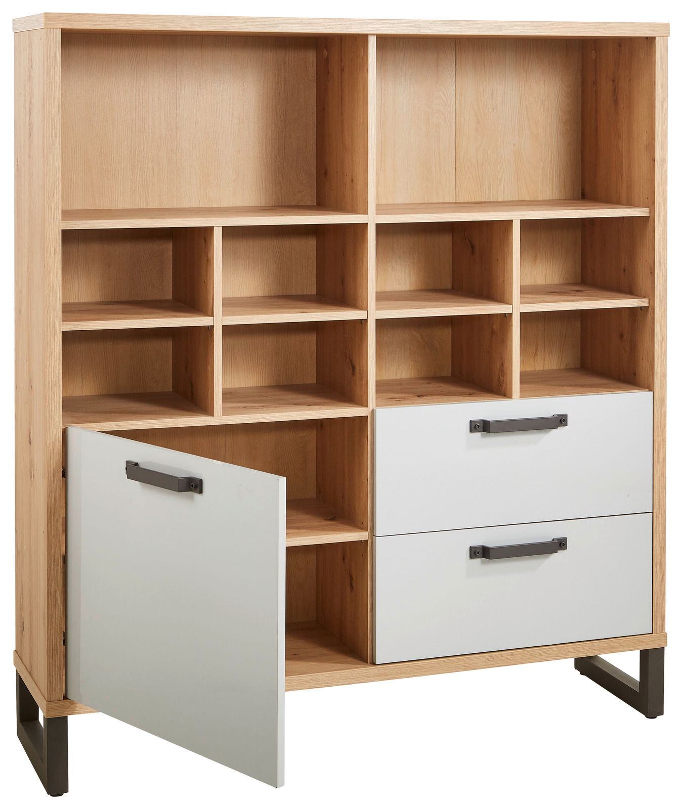 XORA Multifunktionsregal MALO Multifunktionsregal aus Holz mit offenen Fächern, zwei Schubladen und einer geöffneten Tür, Frontalansicht