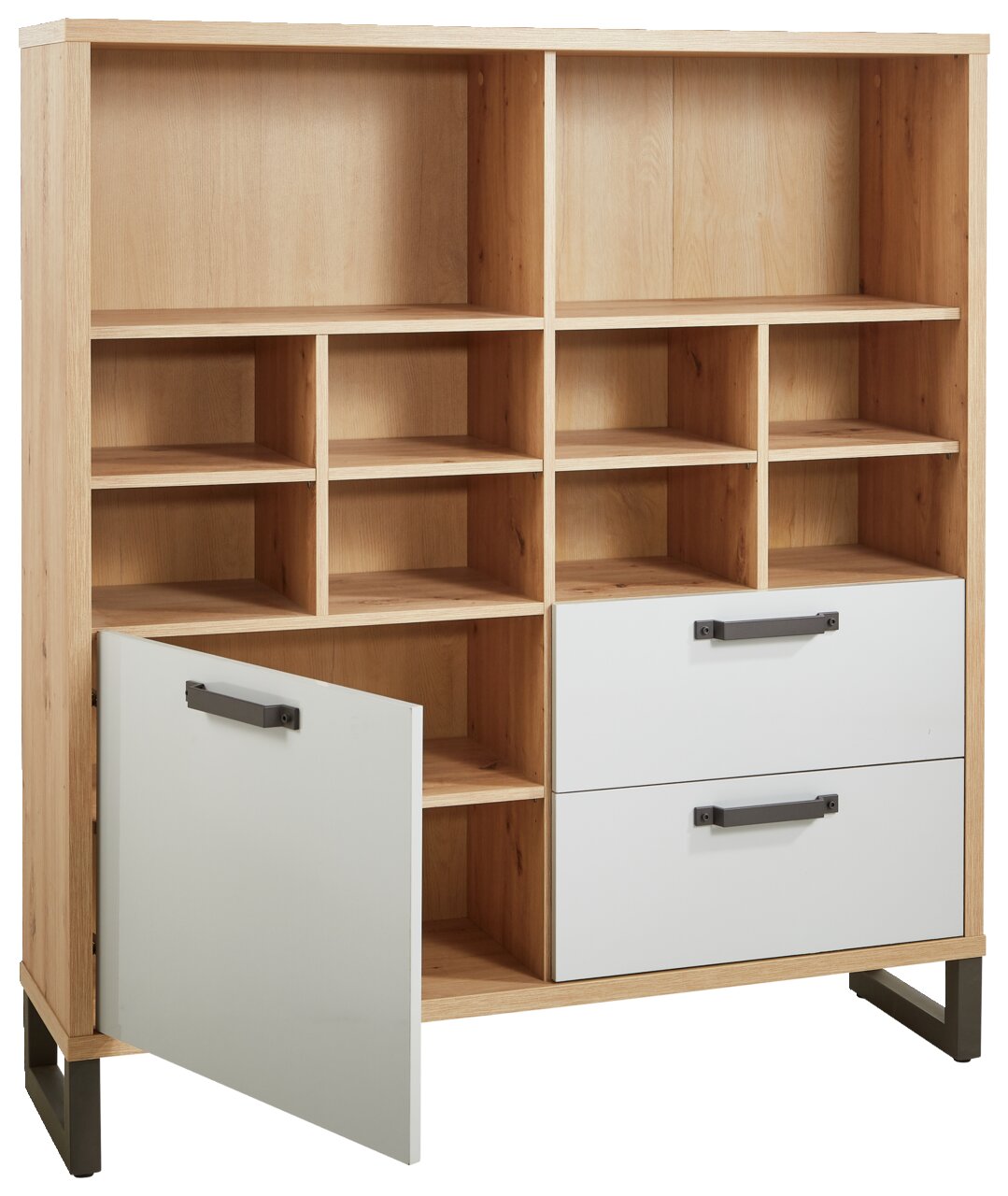 XORA Multifunktionsregal MALO Multifunktionsregal aus Holz mit offenen Fächern, zwei Schubladen und einer geöffneten Tür, Frontalansicht