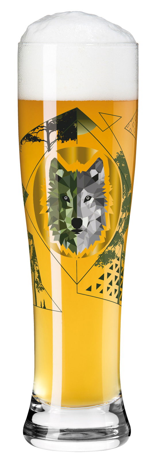 Weizenglas mit geometrischem Wolfsmotiv und Schaumkrone, seitliche Perspektive