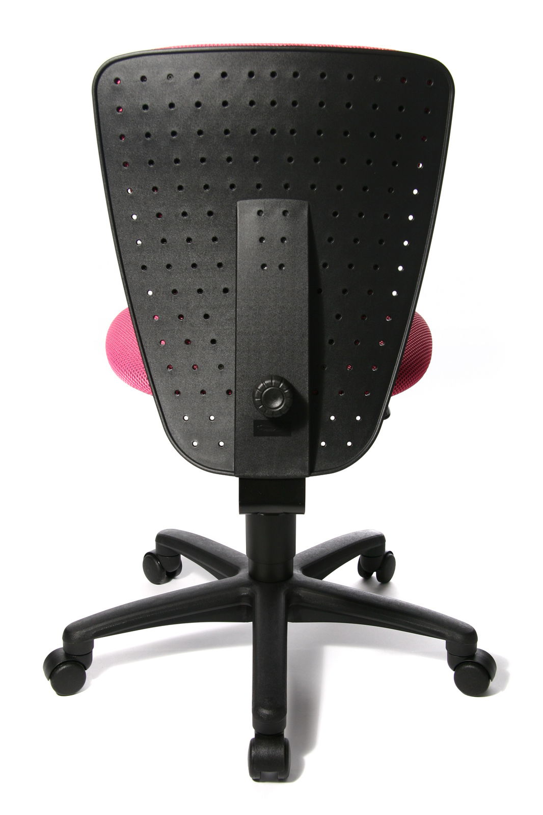 Rückansicht eines Kinder- und Jugendstuhls mit schwarzer, perforierter Rückenlehne und pinkem Sitz, auf einem schwarzen Drehfuß mit Rollen.