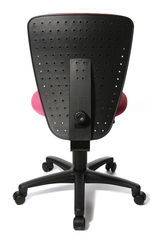 Rückansicht eines Kinder- und Jugendstuhls mit schwarzer, perforierter Rückenlehne und pinkem Sitz, auf einem schwarzen Drehfuß mit Rollen.