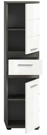 Moderner Standschrank mit weißen Hochglanzfronten und dunklem Korpus, teilweise geöffnete Türen und Schublade, Frontalansicht.