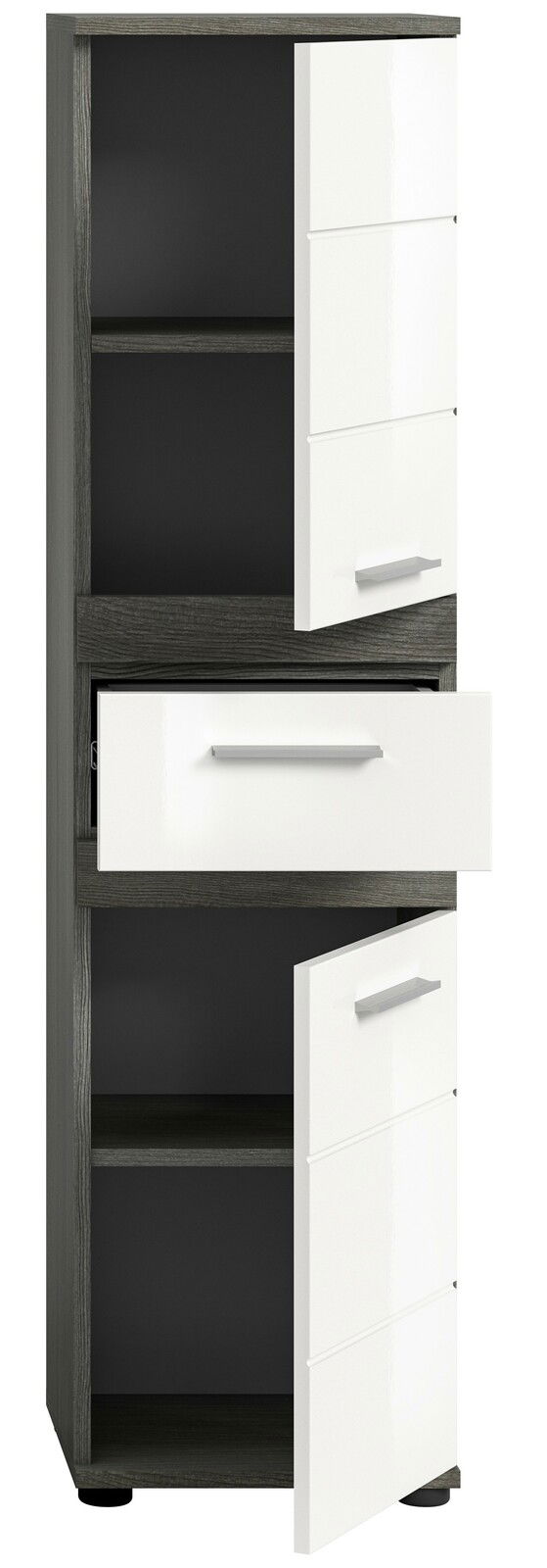 Moderner Standschrank mit weißen Hochglanzfronten und dunklem Korpus, teilweise geöffnete Türen und Schublade, Frontalansicht.