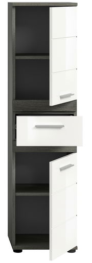 Moderner Standschrank mit weißen Hochglanzfronten und dunklem Korpus, teilweise geöffnete Türen und Schublade, Frontalansicht.