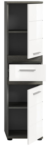 Moderner Standschrank mit weißen Hochglanzfronten und dunklem Korpus, teilweise geöffnete Türen und Schublade, Frontalansicht.