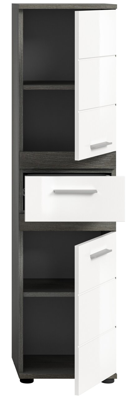 Moderner Standschrank mit weißen Hochglanzfronten und dunklem Korpus, teilweise geöffnete Türen und Schublade, Frontalansicht.