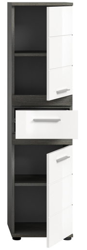 Moderner Standschrank mit weißen Hochglanzfronten und dunklem Korpus, teilweise geöffnete Türen und Schublade, Frontalansicht.