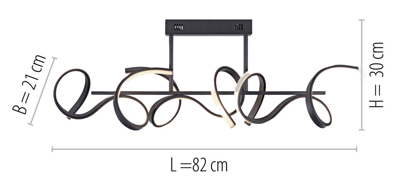 Moderne Deckenleuchte CURLS mit geschwungenem Design, seitliche Perspektive, Maße: L=82 cm, B=21 cm, H=30 cm.
