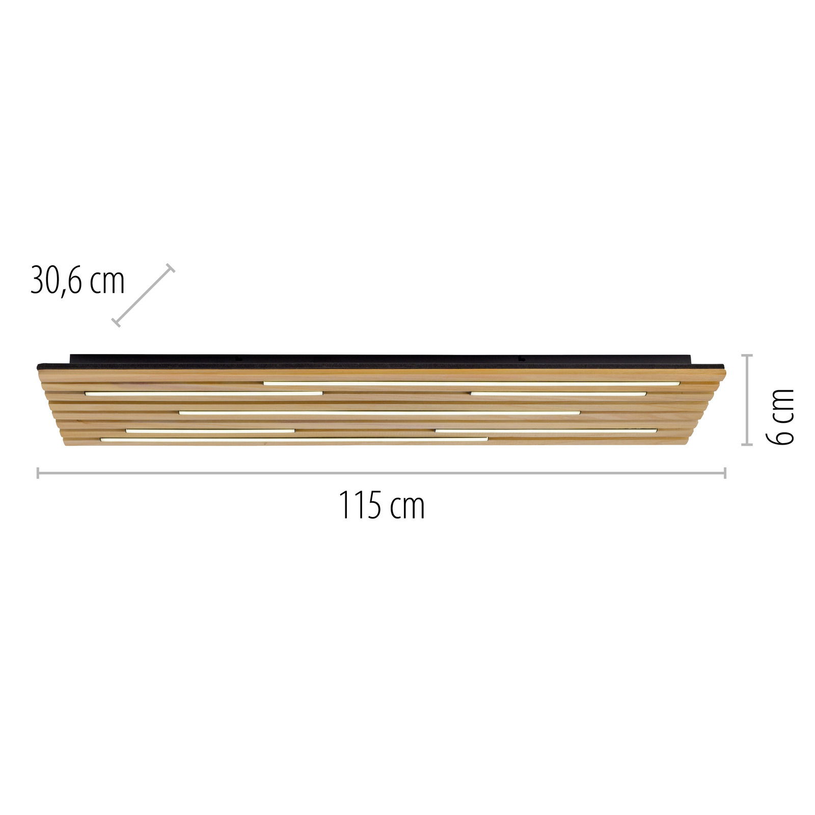 LED-Deckenleuchte in rechteckiger Form, Holzoptik, seitliche Perspektive, Maße: 115 cm x 30,6 cm x 6 cm