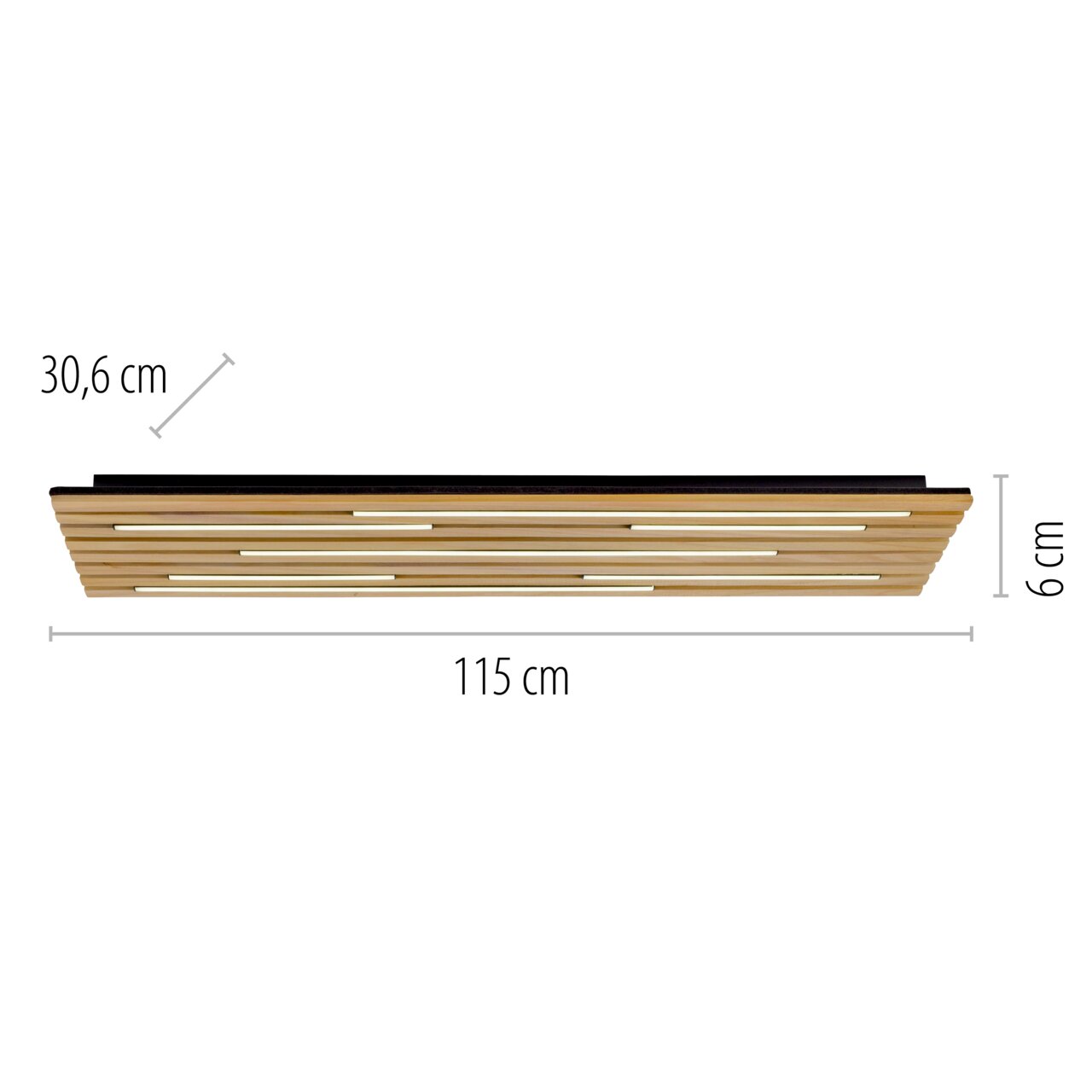 LED-plafondlamp in rechthoekige vorm, houtlook, zijaanzicht, afmetingen: 115 cm x 30,6 cm x 6 cm