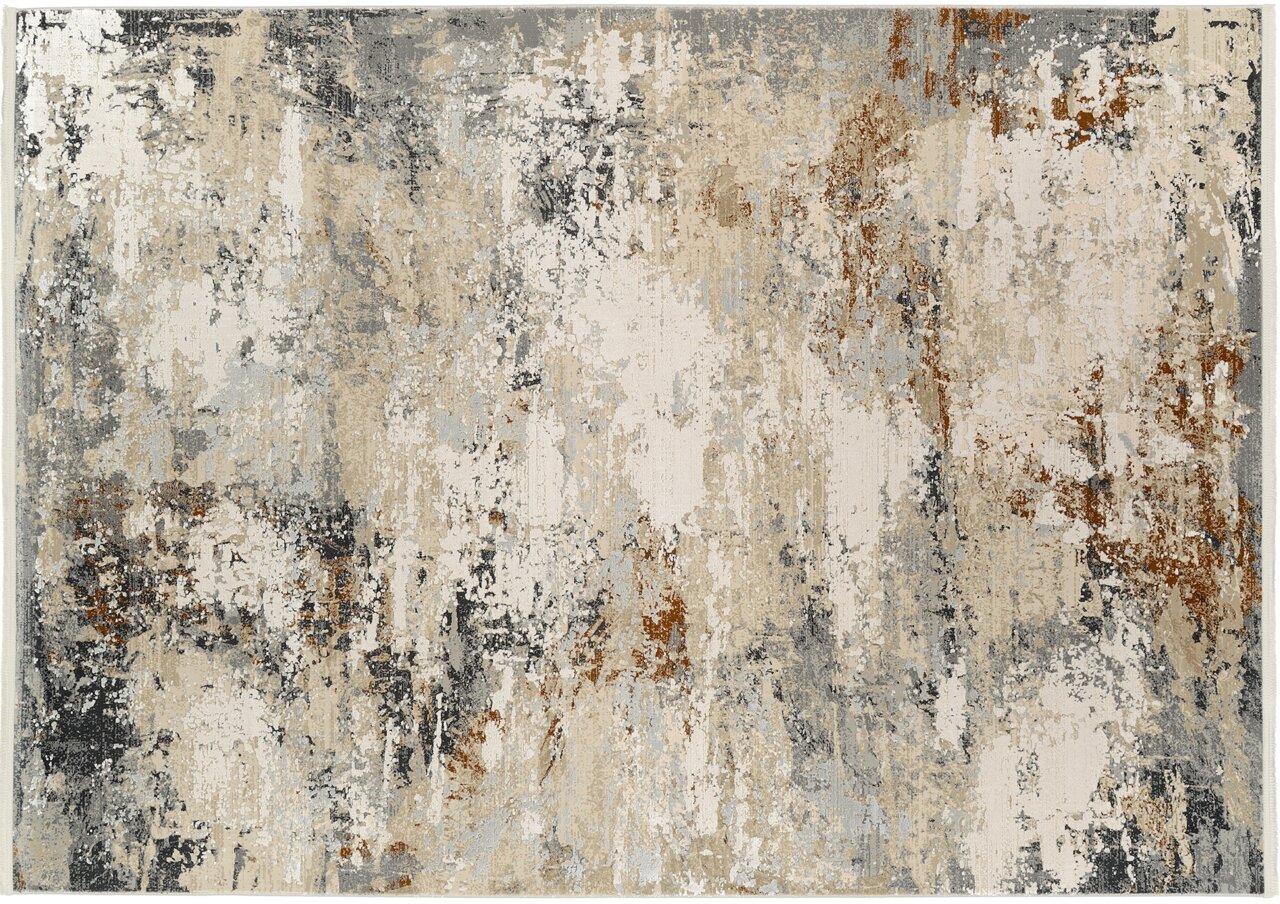 Designer Teppich mit abstraktem Muster in Beige-, Grau- und Rosttönen, Draufsicht