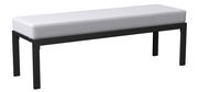 Gartenbank mit schwarzem Metallrahmen und grauem Polster, seitliche Perspektive
