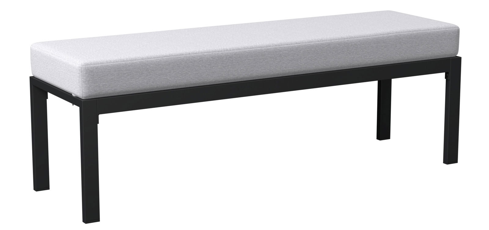 Gartenbank mit schwarzem Metallrahmen und grauem Polster, seitliche Perspektive