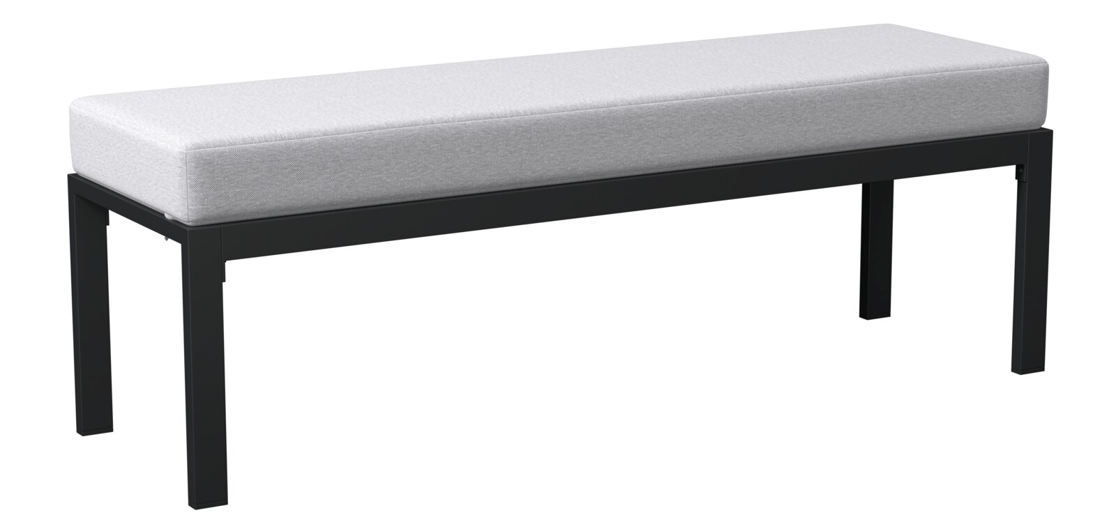 Gartenbank mit schwarzem Metallrahmen und grauem Polster, seitliche Perspektive
