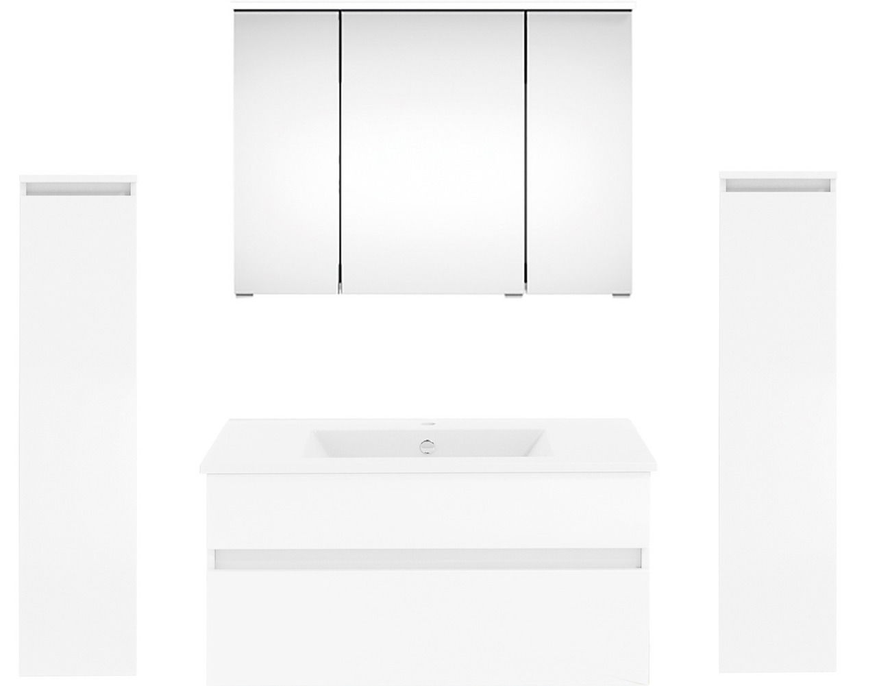 Moderne Badkombination in Weiß mit Spiegelschrank und Waschbecken, Frontalansicht