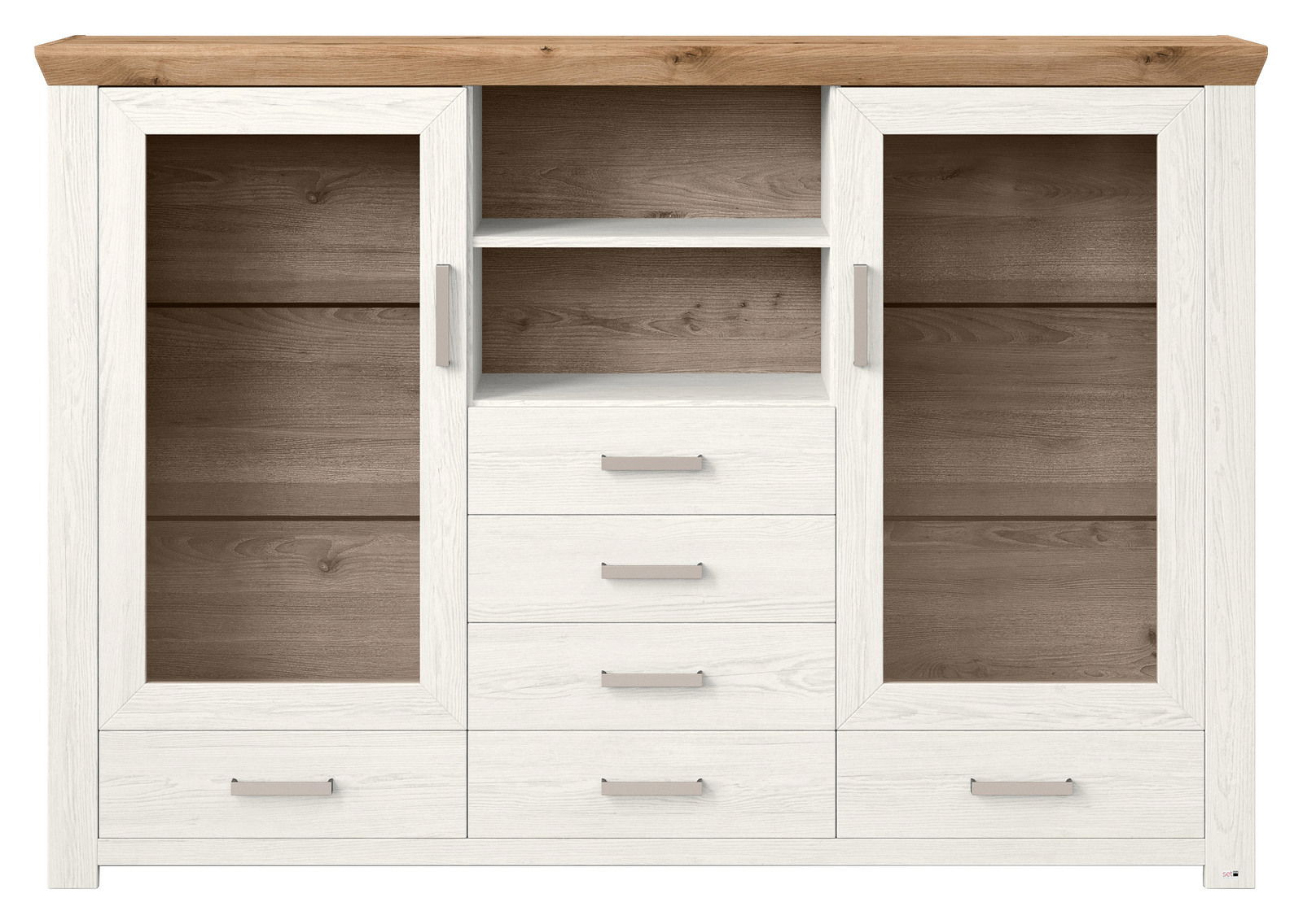 Frontale Ansicht eines Highboards mit zwei Glastüren, vier Schubladen und einem offenen Regal in Holzoptik.