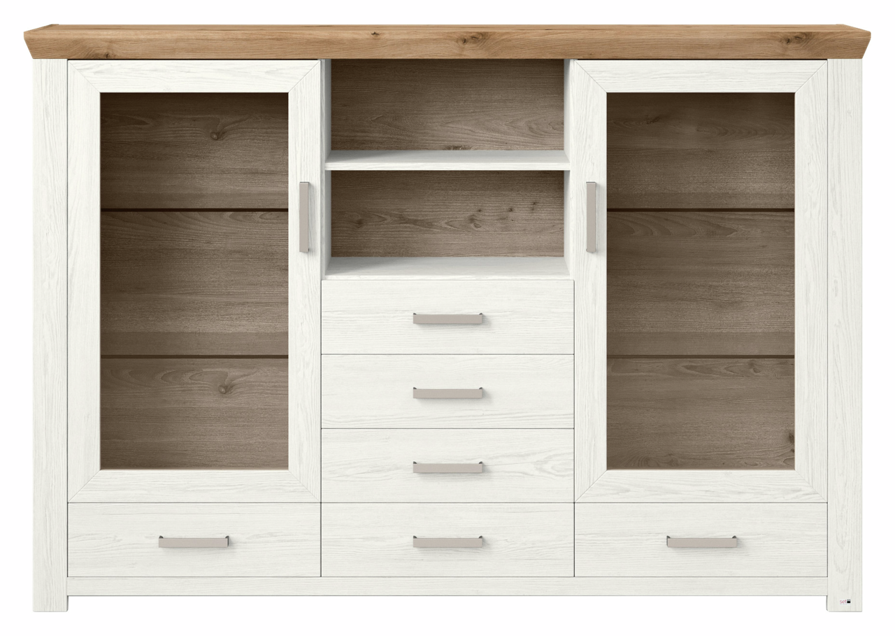 Frontale Ansicht eines Highboards mit zwei Glastüren, vier Schubladen und einem offenen Regal in Holzoptik.