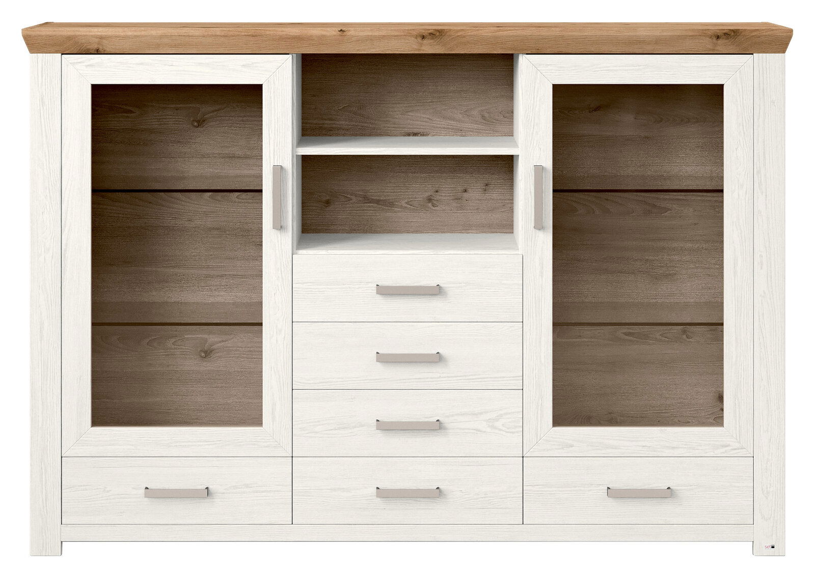 Set one by Musterring Highboard SET ONE YORK Frontale Ansicht eines Highboards mit zwei Glastüren, vier Schubladen und einem offenen Regal in Holzoptik.