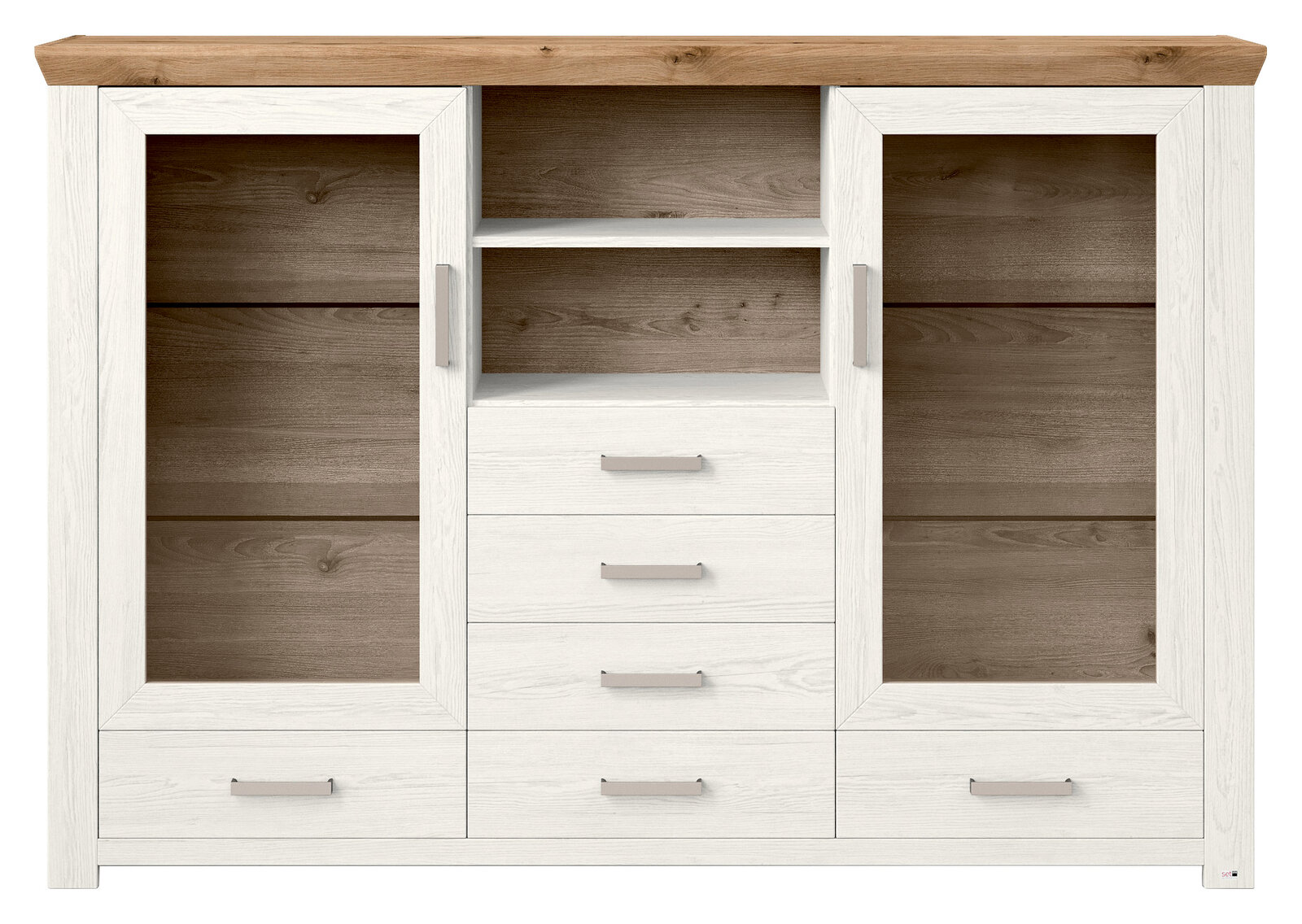Set one by Musterring Highboard SET ONE YORK Frontale Ansicht eines Highboards mit zwei Glastüren, vier Schubladen und einem offenen Regal in Holzoptik.
