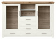 Frontale Ansicht eines Highboards mit zwei Glastüren, vier Schubladen und einem offenen Regal in Holzoptik.