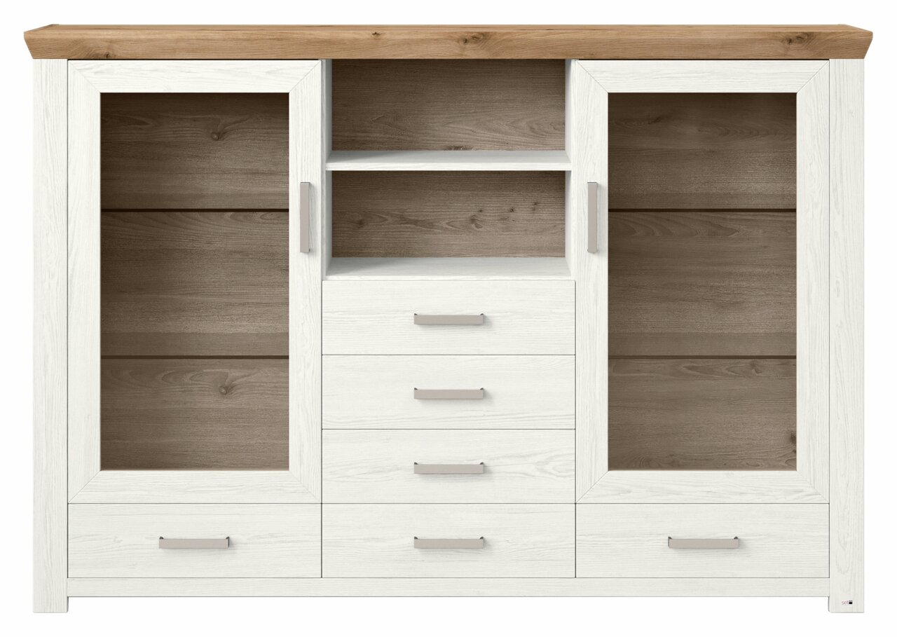 Frontale Ansicht eines Highboards mit zwei Glastüren, vier Schubladen und einem offenen Regal in Holzoptik.