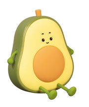 Niedliches Akku-Nachtlicht in Form einer Avocado mit Gesicht, Armen und Beinen, seitliche Perspektive