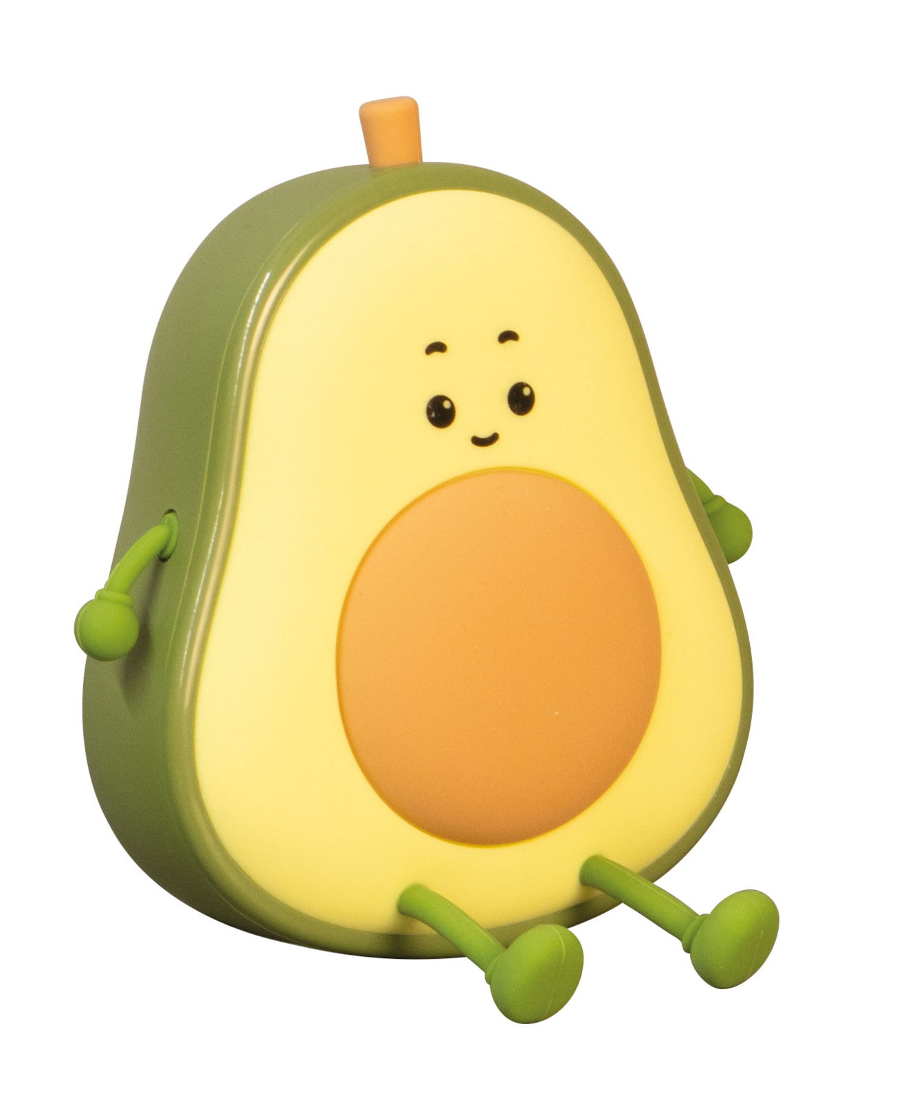 Niedliches Akku-Nachtlicht in Form einer Avocado mit Gesicht, Armen und Beinen, seitliche Perspektive
