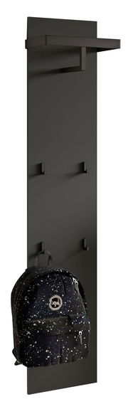 Schwarzes Garderobenpaneel mit mehreren Haken und einer oberen Ablage, frontal abgebildet. Ein Rucksack hängt an einem der Haken.