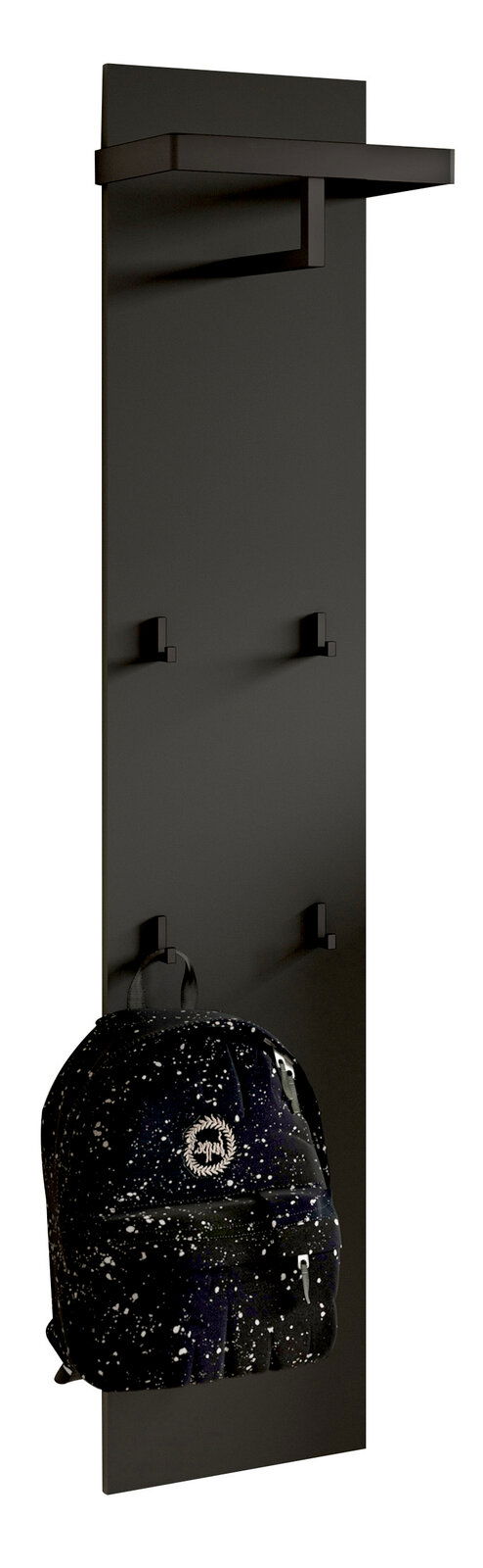 Dieter Knoll Garderobenpaneel SIENA Schwarzes Garderobenpaneel mit mehreren Haken und einer oberen Ablage, frontal abgebildet. Ein Rucksack hängt an einem der Haken.