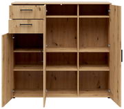 Kommode aus Holz mit zwei Schubladen und mehreren offenen Fächern, frontale Ansicht