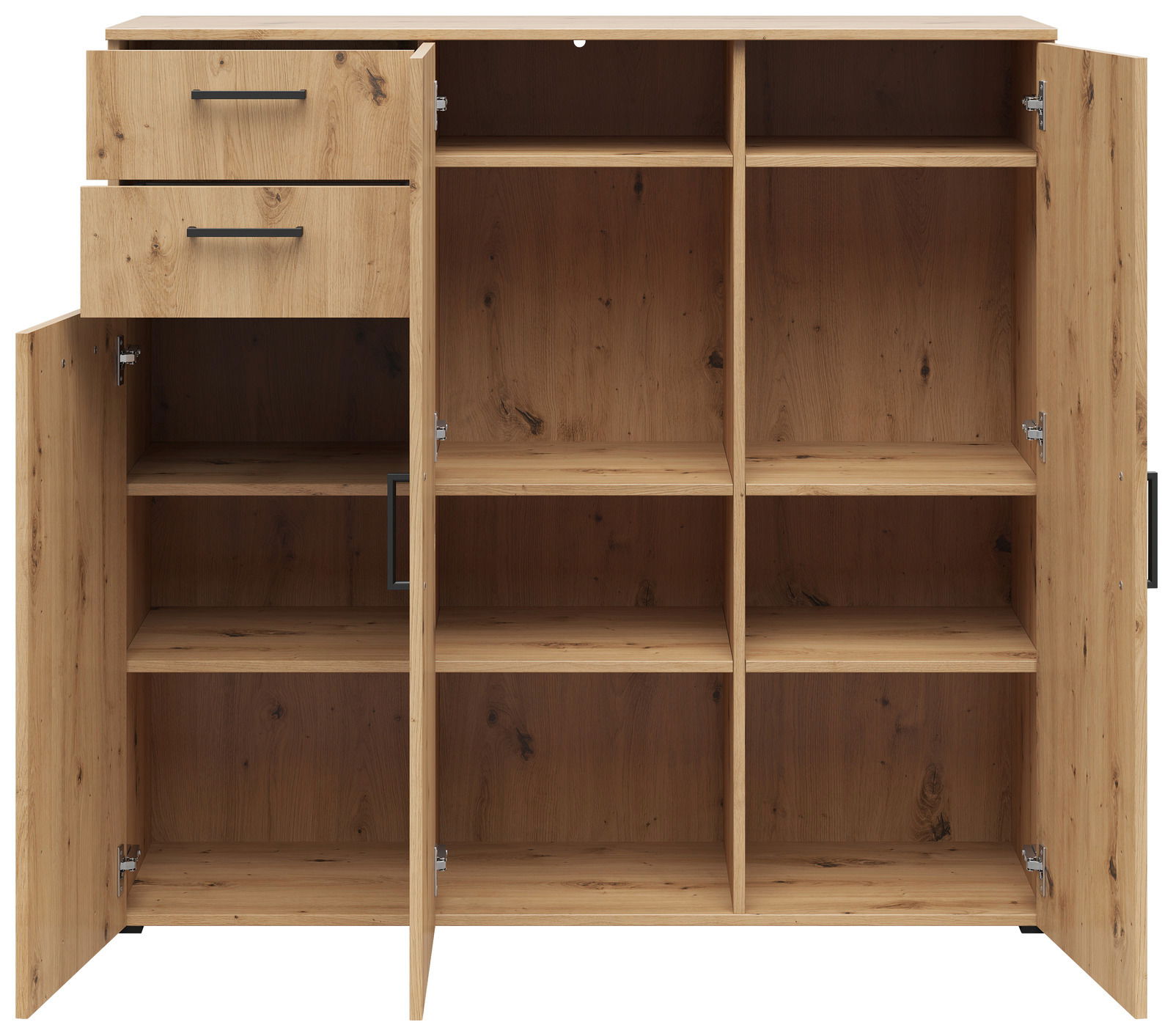 Kommode aus Holz mit zwei Schubladen und mehreren offenen Fächern, frontale Ansicht