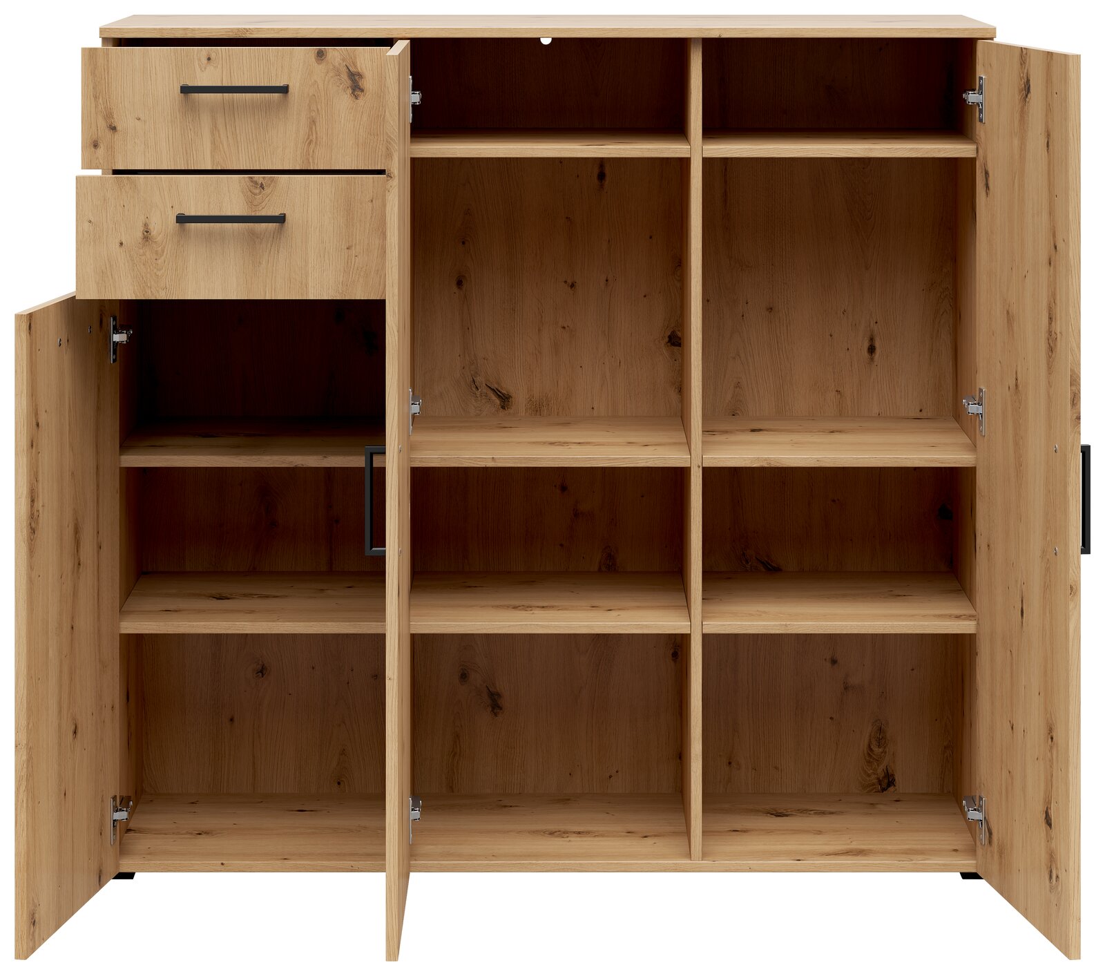 Kommode aus Holz mit zwei Schubladen und mehreren offenen Fächern, frontale Ansicht