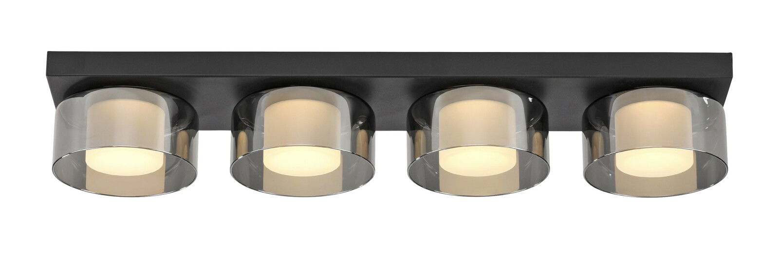 Moderne Deckenleuchte RIKA mit vier zylindrischen Leuchtkörpern aus Glas, Ansicht von unten.