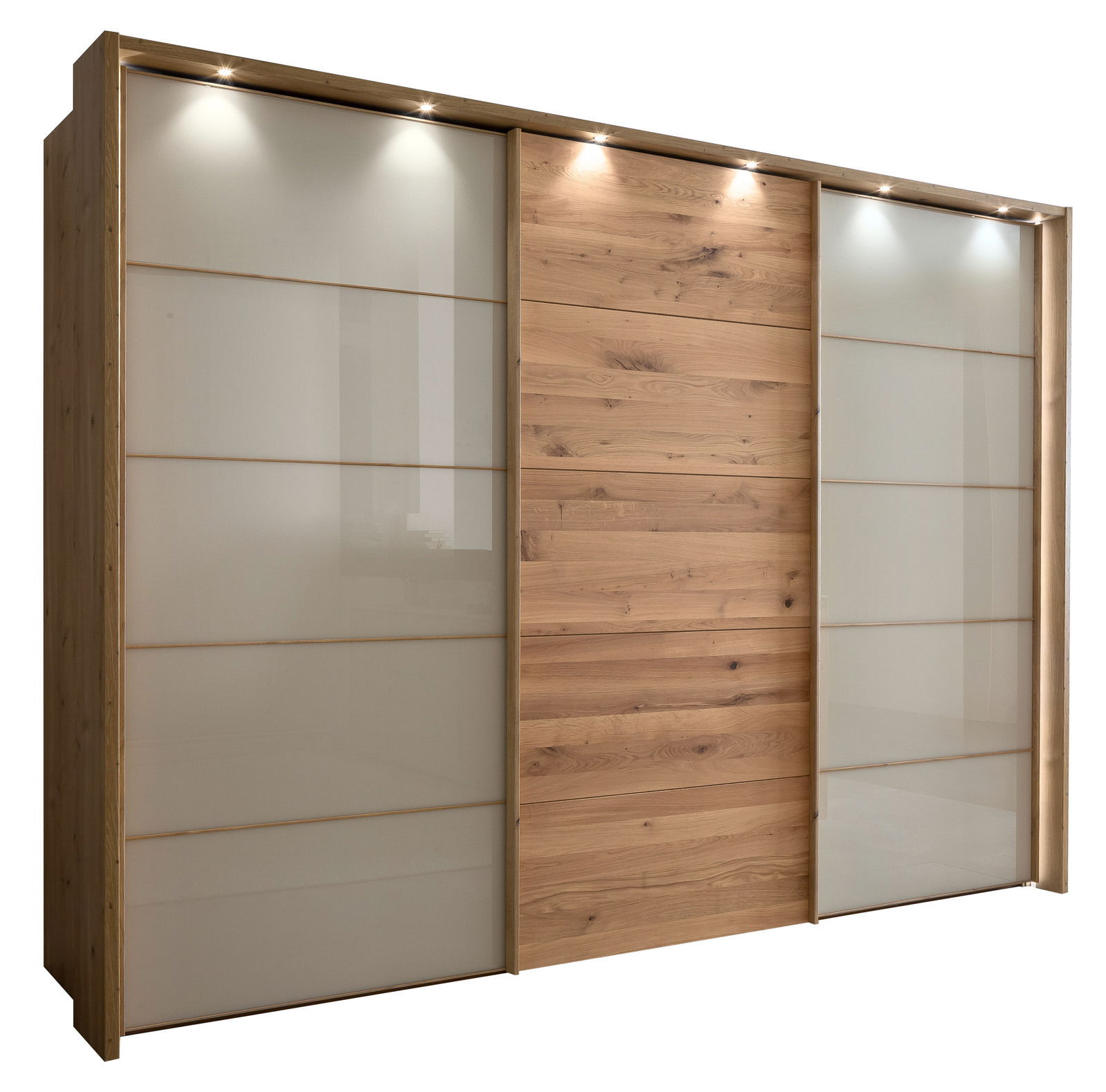 Linea Natura Schwebetürenschrank 3-türig CARDIFF Schwebetürenschrank mit drei Türen, zwei in Glasoptik und eine in Holzoptik, mit integrierter Beleuchtung, seitliche Perspektive