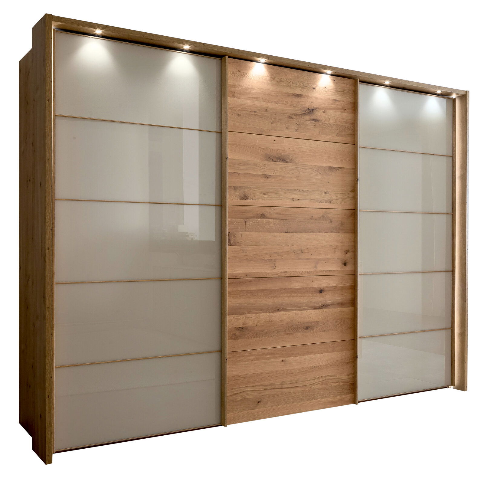 Linea Natura Schwebetürenschrank 3-türig CARDIFF Schwebetürenschrank mit drei Türen, zwei in Glasoptik und eine in Holzoptik, mit integrierter Beleuchtung, seitliche Perspektive