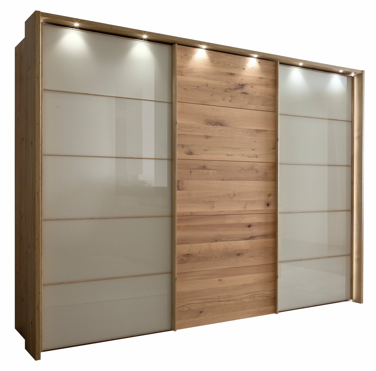 Linea Natura Schwebetürenschrank 3-türig CARDIFF Schwebetürenschrank mit drei Türen, zwei in Glasoptik und eine in Holzoptik, mit integrierter Beleuchtung, seitliche Perspektive