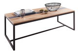 Moderner Couchtisch mit Holzplatte und schwarzem Metallgestell, seitliche Perspektive