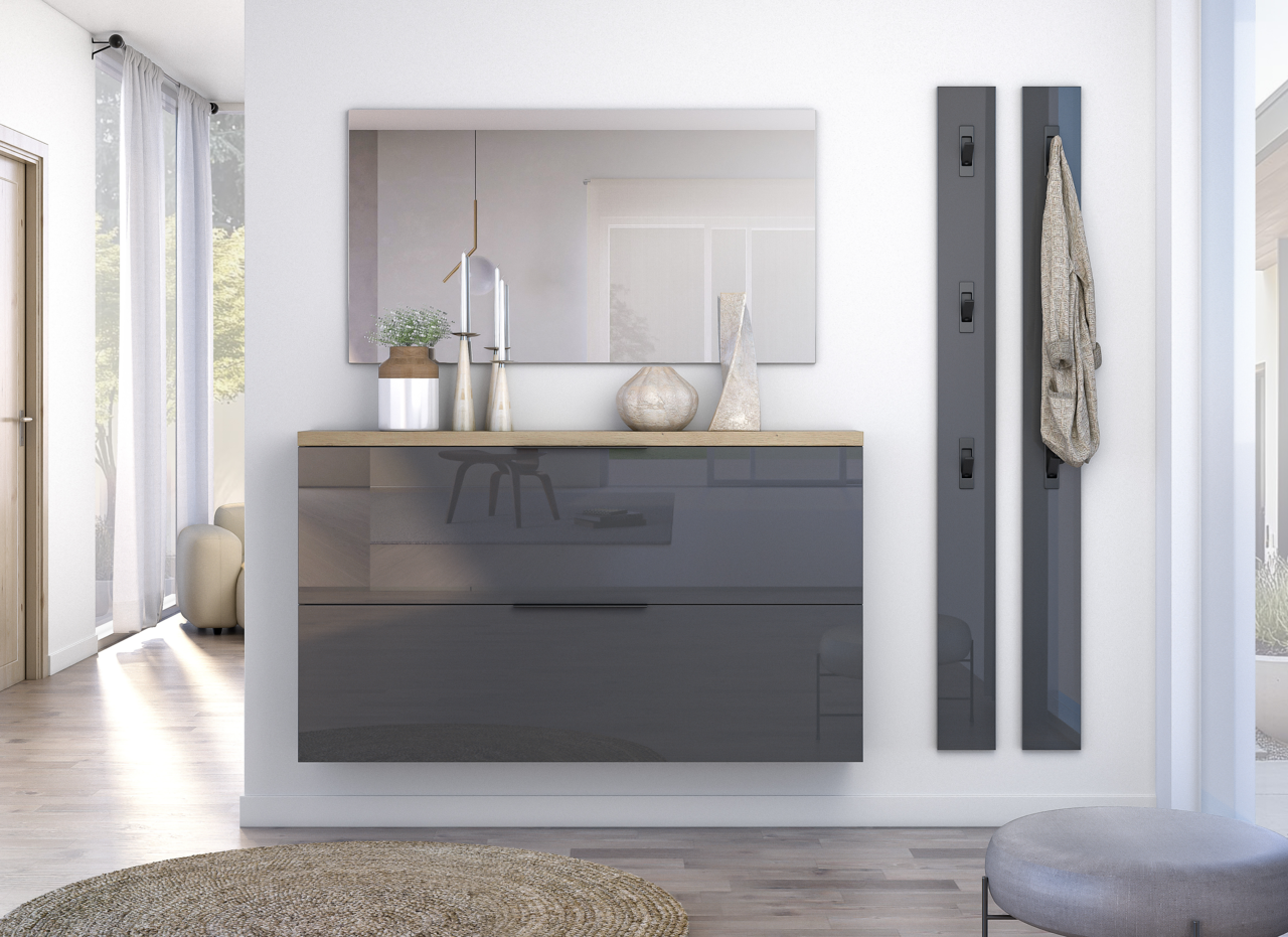 XORA Garderobenleiste IDEA ANTHRAZIT Moderne Garderobenleiste in einem eleganten, minimalistischen Flur, frontal betrachtet.