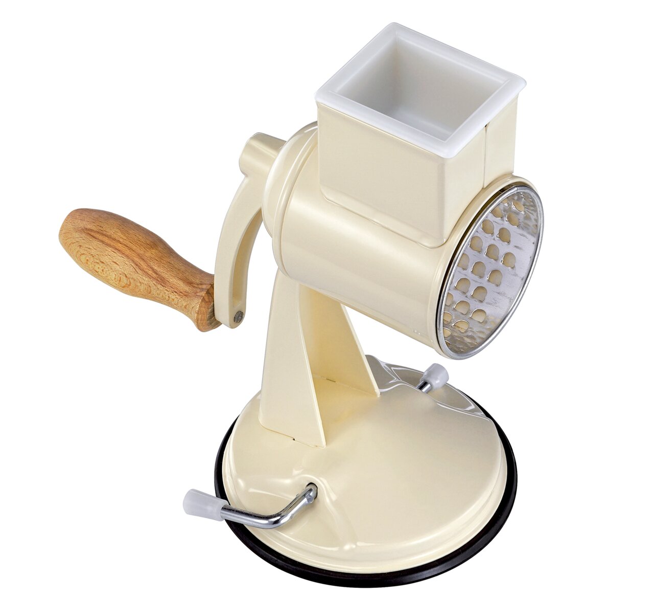 Zassenhaus Trommelreibe CLASSIC in Creme mit Holzgriff, seitliche Perspektive