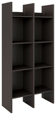 Regalelement mit sechs Fächern in dunkler Farbe, seitliche Perspektive